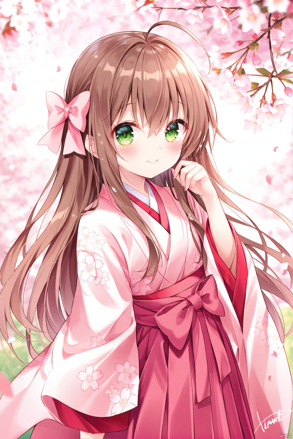  (masterpiece),(best quality),1girl, loli, solo, looking at viewer, blush, smile, long hair, bangs, skirt, brown hair, long sleeves, bow, hair between eyes, closed mouth, green eyes, flower, ahoge, hair bow, outdoors, japanese clothes, hand up, signature, wide sleeves, kimono, blurry, petals, antenna hair, pink bow, cherry blossoms, hakama, hakama skirt, pink flower, branch, pink kimono