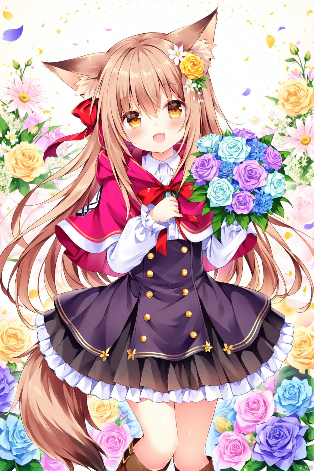  (masterpiece),(best quality)1girl, loli,:d, animal_ear_fluff, animal_ears, bangs, black_legwear, black_skirt, blue_flower, blue_rose, blush, boots, bouquet, brown_footwear, brown_hair, buttons, capelet, daisy, double-breasted, eyebrows_visible_through_hair, fang, floral_background, flower, frilled_skirt, frills, green_flower, hair_between_eyes, hair_flower, hair_ornament, hair_ribbon, holding, holding_bouquet, holding_flower, hood_down, hooded_capelet, hydrangea, knee_boots, kneehighs, light_brown_hair, lily_\(flower\), long_hair, long_sleeves, looking_at_viewer, open_mouth, petals, pink_flower, pink_rose, pleated_skirt, purple_flower, purple_rose, red_capelet, red_ribbon, red_rose, ribbon, rose, shirt, skirt, smile, solo, tail, very_long_hair, white_flower, white_rose, white_shirt, wolf_ears, wolf_girl, wolf_tail, yellow_flower, yellow_rose