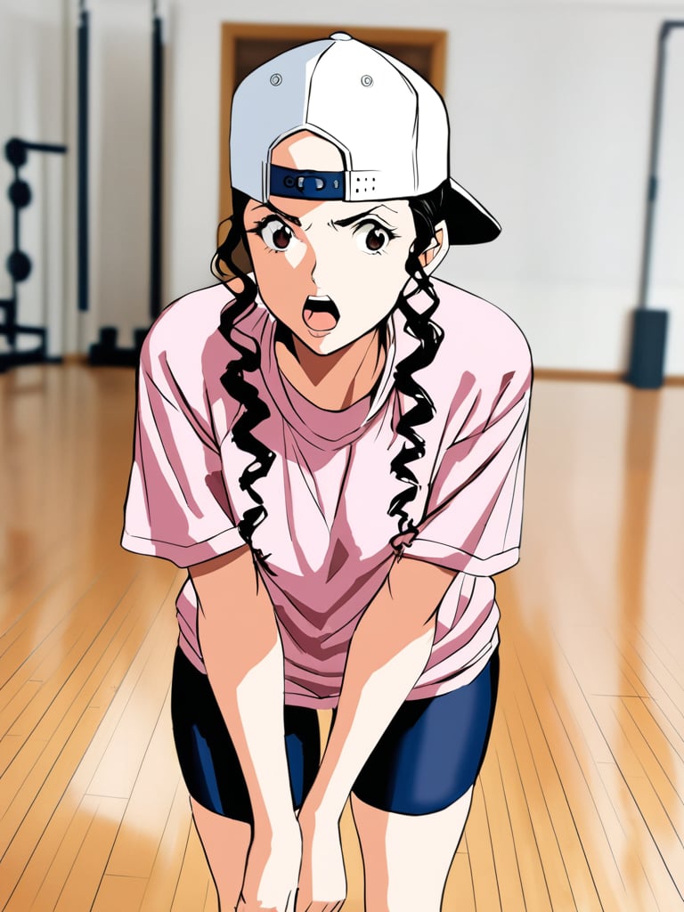 slamdunkayak0, baseball cap, backwards hat, pink tshirt, bike shorts, wood floor, gymnasium, standing, palm next to cheek, shouting, cowboy shot, facing foward, masterpiece, ultra high resolution, best quality, 1080p