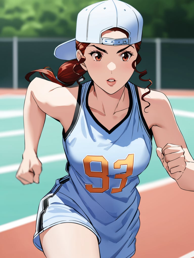 slamdunkayak0, baseball cap, backwards hat, red basketnall jersey, outdoors basketball court, running, holding basketball, upper body, cowbow shot, masterpiece, ultra high resolution, best quality, 1080p