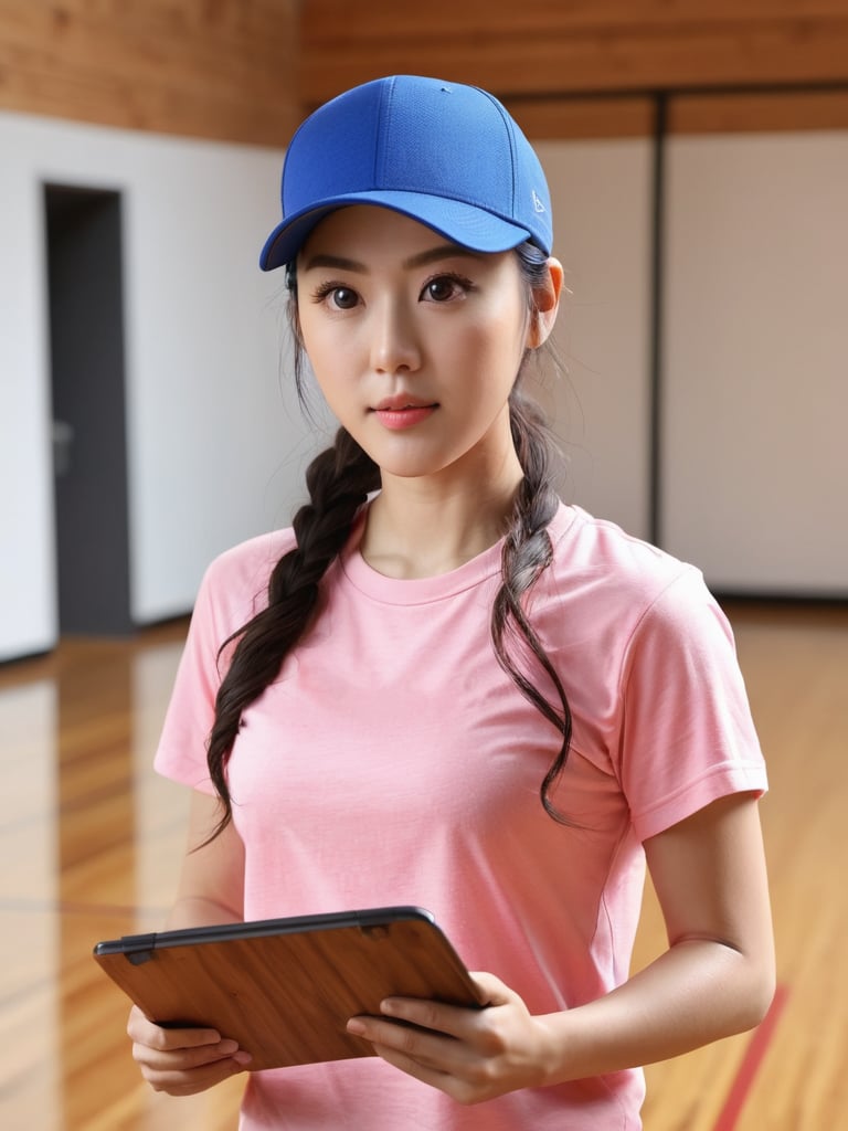 photo of (slamdunkayak0), japanese girl, baseball cap, pink tshirt, wood floor, gymnasium, standing, holding clipboard, looking at clipboard, upper body, facing foward, masterpiece, ultra high resolution, best quality, 1080p, photorealistic