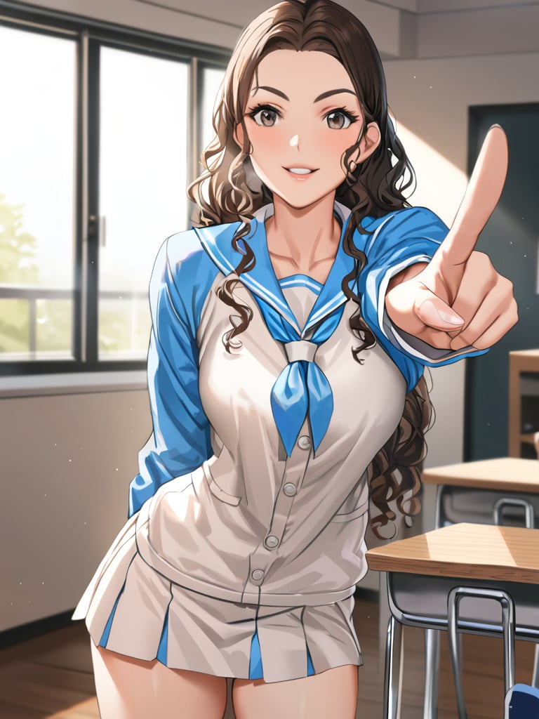 slamdunkayak0, smile, long hair, blue school uniform, classroom, pointing, standing, cowboy shot, facing foward, masterpiece, ultra high resolution, best quality, 1080p