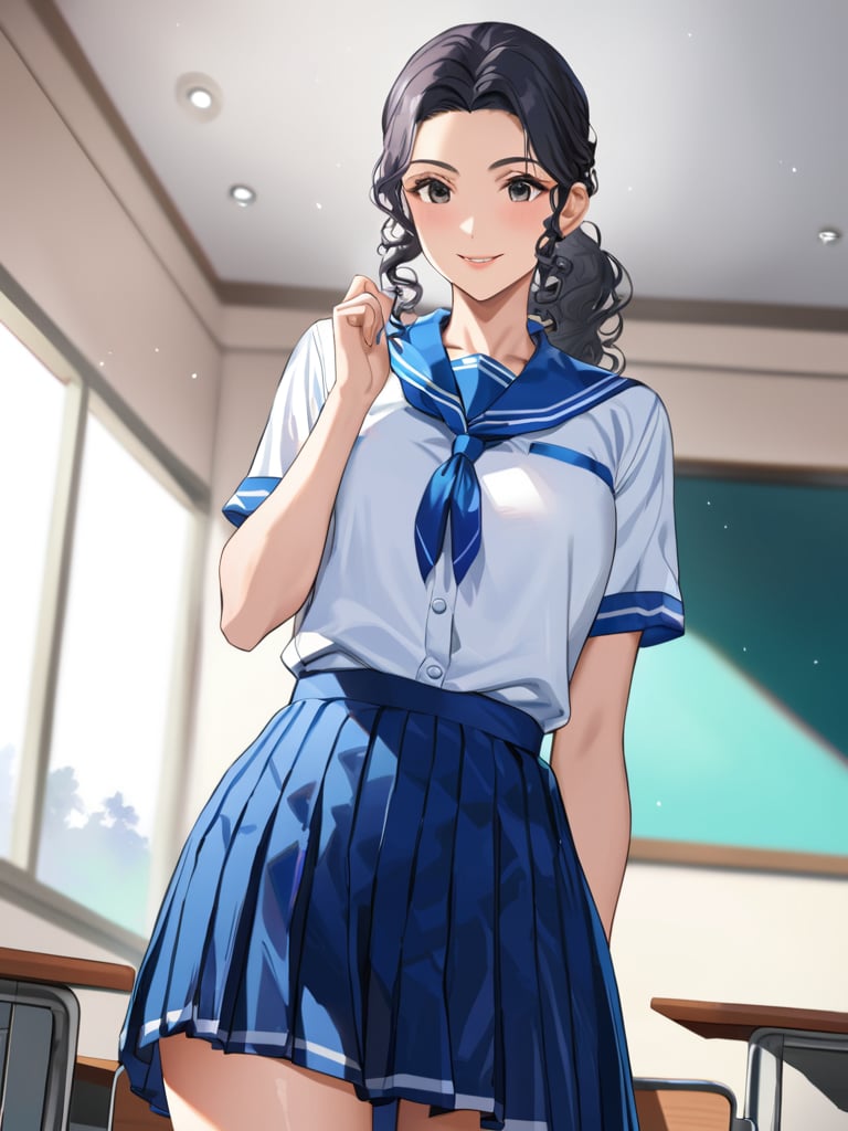 slamdunkayak0, smile, blue school uniform, classroom, standing, cowboy shot, facing foward, masterpiece, ultra high resolution, best quality, 1080p