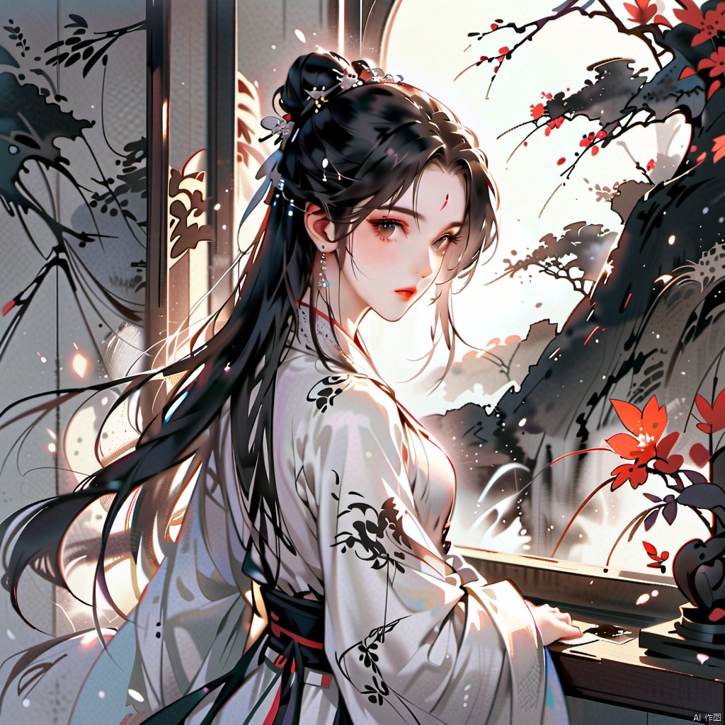  Ancient Art Style, Ink Painting, Traditional Chinese Painting, (Ink Style), (Splash Ink Painting), 1girl, solo, long hair, looking at viewer, black hair, hair ornament, red eyes, long sleeves, dress, jewelry, closed mouth, upper body, earrings, looking back, indoors, hair bun, white dress, from side, sash, window, makeup, facial mark, chinese clothes, moon, forehead mark, red lips, round window(Ink style)