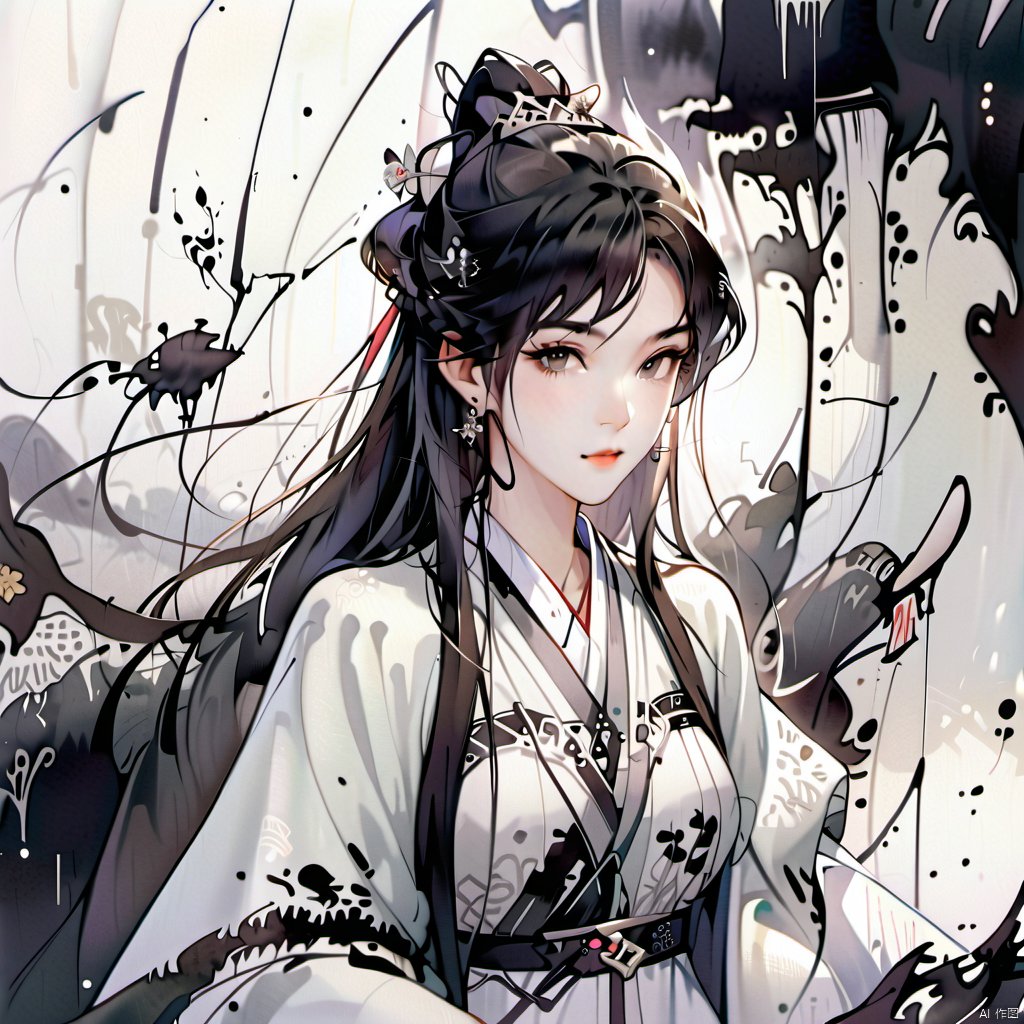  Ancient Art Style, Ink Painting, Traditional Chinese Painting, (Ink Style1:4), (Splash Ink Painting), 1girl, solo, long hair, smile, bangs, brown hair, black hair, hair ornament, long sleeves, dress, jewelry, upper body, ponytail, braid, earrings, outdoors, parted lips, necklace, cape, twin braids, fur trim, night, snow, lantern, snowing, winter,(Ink style)