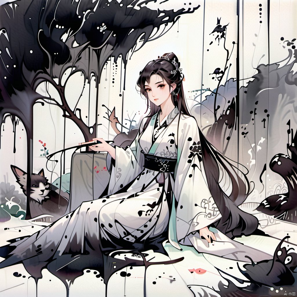  Ancient Art Style, Ink Painting, Traditional Chinese Painting, (Ink Style1:4), (Splash Ink Painting), 1girl, solo, smile, black hair, hair ornament, dress, ribbon, jewelry, sitting, hair ribbon, flower, earrings, outdoors, sky, necklace, hair bun, tree, sash, night, animal, chinese clothes, moon, single hair bun, night sky, snow, green dress, dog, snowing, winter, bare tree, wolf,(Ink style)