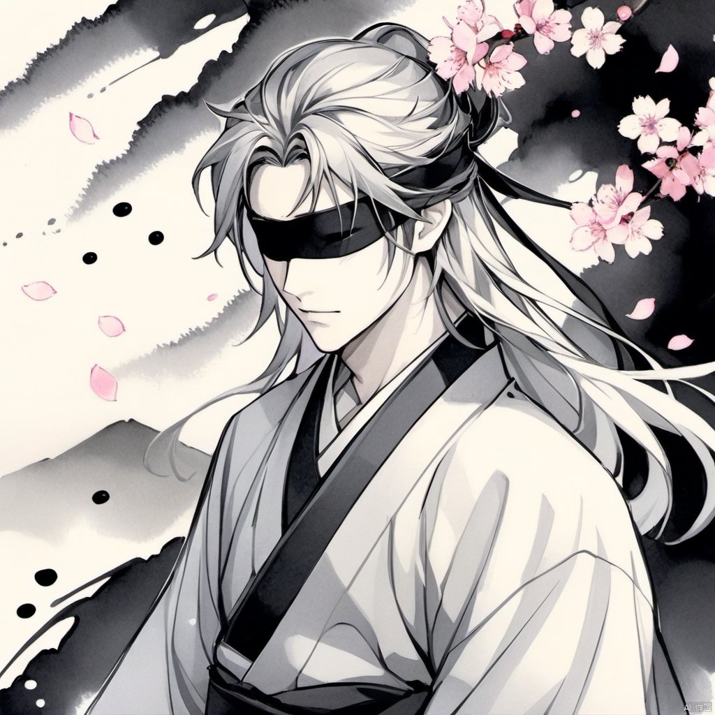  Ancient Art Style, Ink Painting, Traditional Chinese Painting, (Ink Style1:4), (Splash Ink Painting), solo, long hair, 1boy, upper body, white hair, male focus, japanese clothes, kimono, blurry, petals, headband, cherry blossoms, blindfold, covered eyes, bishounen, falling petals,(Ink style),Hazy, xinyue