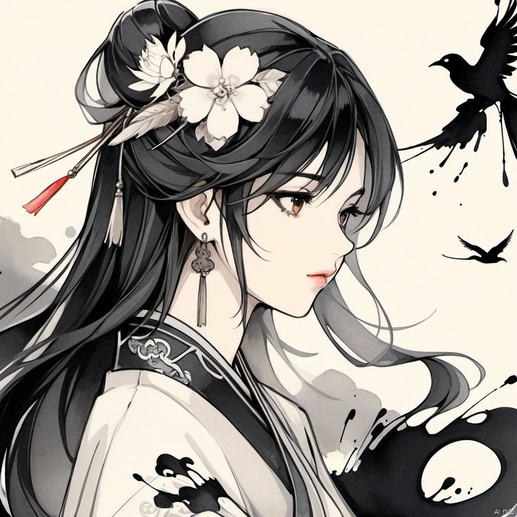  Ancient Art Style, Ink Painting, Traditional Chinese Painting, (Ink Style1:4), (Splash Ink Painting), 1girl, solo, long hair, looking at viewer, blush, bangs, black hair, hair ornament, white background, brown eyes, jewelry, closed mouth, upper body, flower, earrings, hair flower, from side, lips, bird, chinese clothes, tassel,(Ink style),Hazy, xinyue