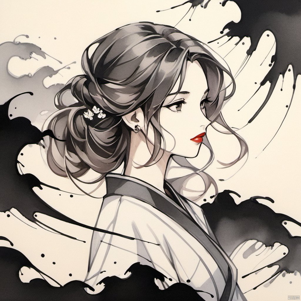  Ancient Art Style, Ink Painting, Traditional Chinese Painting, (Ink Style1:4), (Splash Ink Painting), 1girl, solo, long hair, breasts, looking at viewer, blush, brown hair, black hair, long sleeves, dress, jewelry, closed mouth, upper body, earrings, outdoors, day, white dress, from side, lips, looking to the side, wavy hair, floral print, red lips,(Ink style),Hazy, xinyue