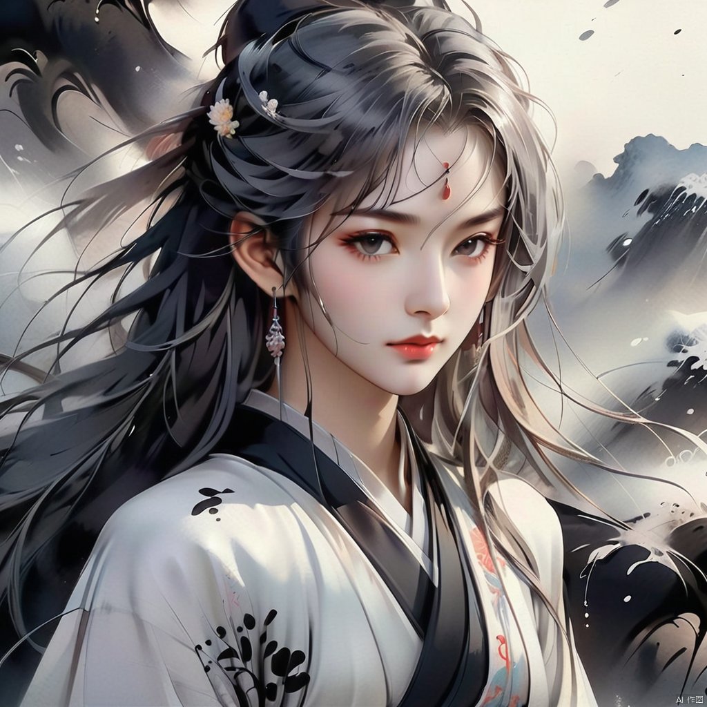  Ancient Art Style, Ink Painting, Traditional Chinese Painting, (Ink Style 1:4), (Splash Ink Painting), 1girl, solo, long hair, looking at viewer, hair ornament, dress, jewelry, closed mouth, upper body, grey hair, earrings, from side, chinese clothes, hair stick,(Ink style),Hazy