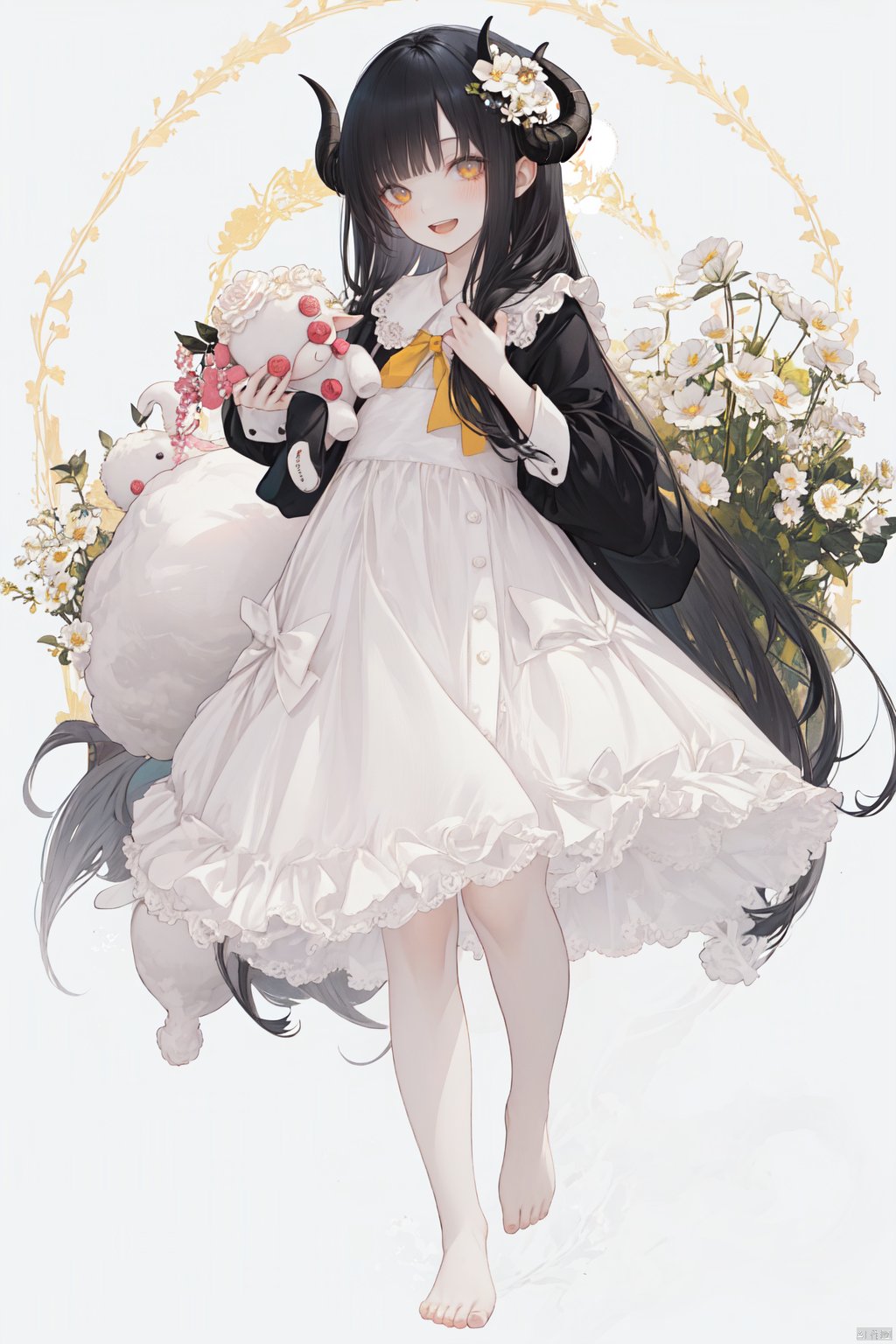 1girl, :d, barefoot, black_hair, blush, copyright_name, dress, flower, full_body, hair_flower, hair_ornament, holding, holding_animal, horns, long_hair, looking_at_viewer, open_mouth, sheep, sheep_horns, simple_background, smile, stuffed_toy, very_long_hair, white_background, white_dress, white_flower, yellow_eyes