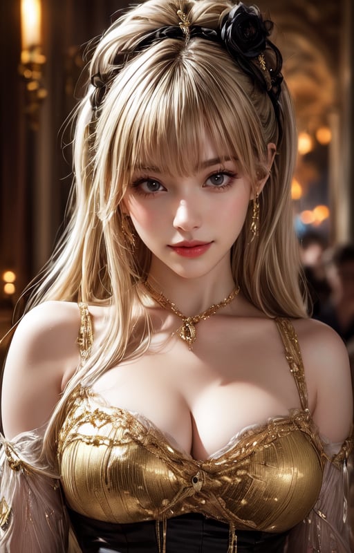Elegantism, opulent scene, full portrait of a Victorian lady, heroic, black clothes, gold trim, castle, head and shoulders portrait, 8k resolution. (masterpiece, top quality, best quality, official art, beautiful and aesthetic:1.2), (1girl:1.4), upper body, blonde hair, portrait, extreme detailed,
