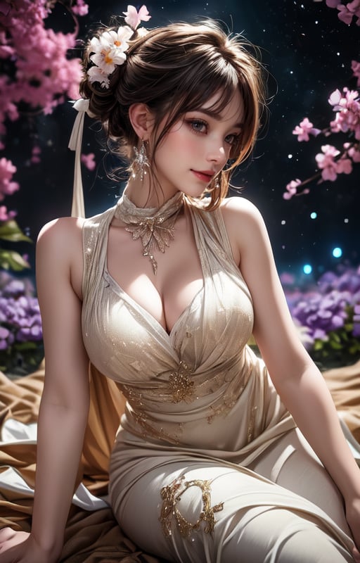 Masterpiece, 4K, ultra detailed, ((solo)), anime impressionism art style, elegant mature woman with beautiful detailed eyes and glamorous makeup, long flowy gray hair, finely detailed earrings, sitting in a flowering forest, swirling colorful starry night, more detail XL, SFW, depth of field,ukiyoe