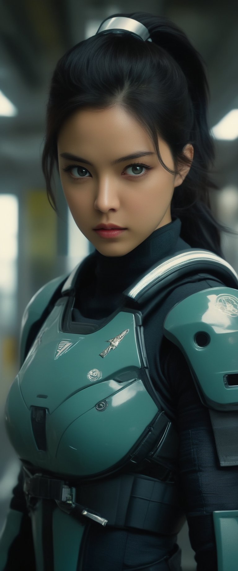 1 young and beautiful girl:1.2)), absurdres, (8k, best quality, masterpiece:1.2), professional photography, dramatic light, (finely detailed face:1.2),(((,, female,official, portrait, modern station  cyberpolice fighter, top quality, highly detailed, intricate, realistic, indoors, Bold Turquoise Silver Green Chartreuse, solarpunk, Crew Cut, Bruneian, masterpiece, Finest details, 8K, HD, HDR, Death Squad, , cowboy shot, perfect face, gorgeous eyes,sooyaaa,cinematic  moviemaker style,ct-jeniiii, ct-fujiii