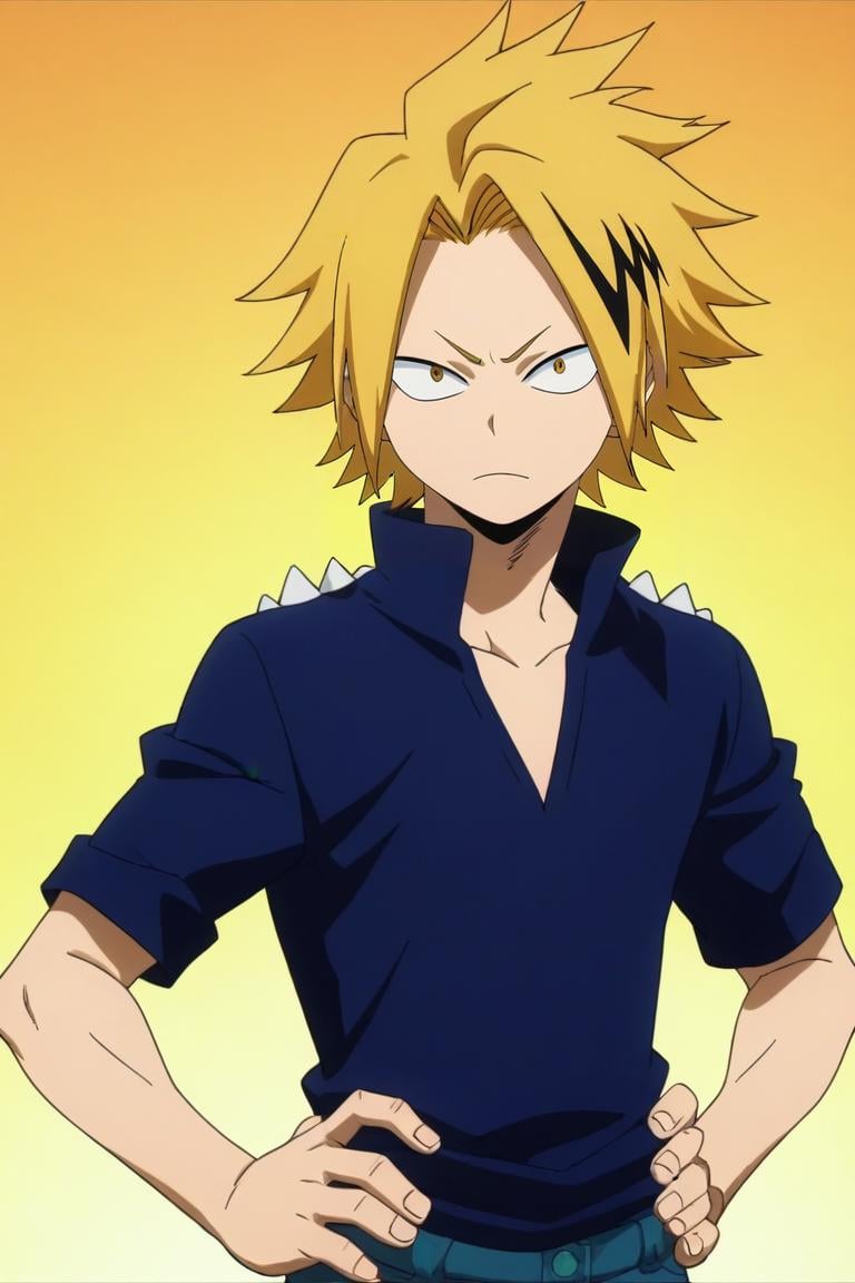 score_9, score_8_up, score_7_up, source_anime, anime screencap, , , , upper body, , 1boy, solo, male focus, <lora:denki_kaminari_pony:0.94>, denki_kaminari, blonde hair, yellow eyes, multicolored hair, black hair, two-tone hair, streaked hair, short hair, spiked hair, denim shirt,, Oz: A land of enchantment, where anything is possible, Hands on hips, showing readiness or impatience, <lora:sdxl_lightning_8step_lora:1>