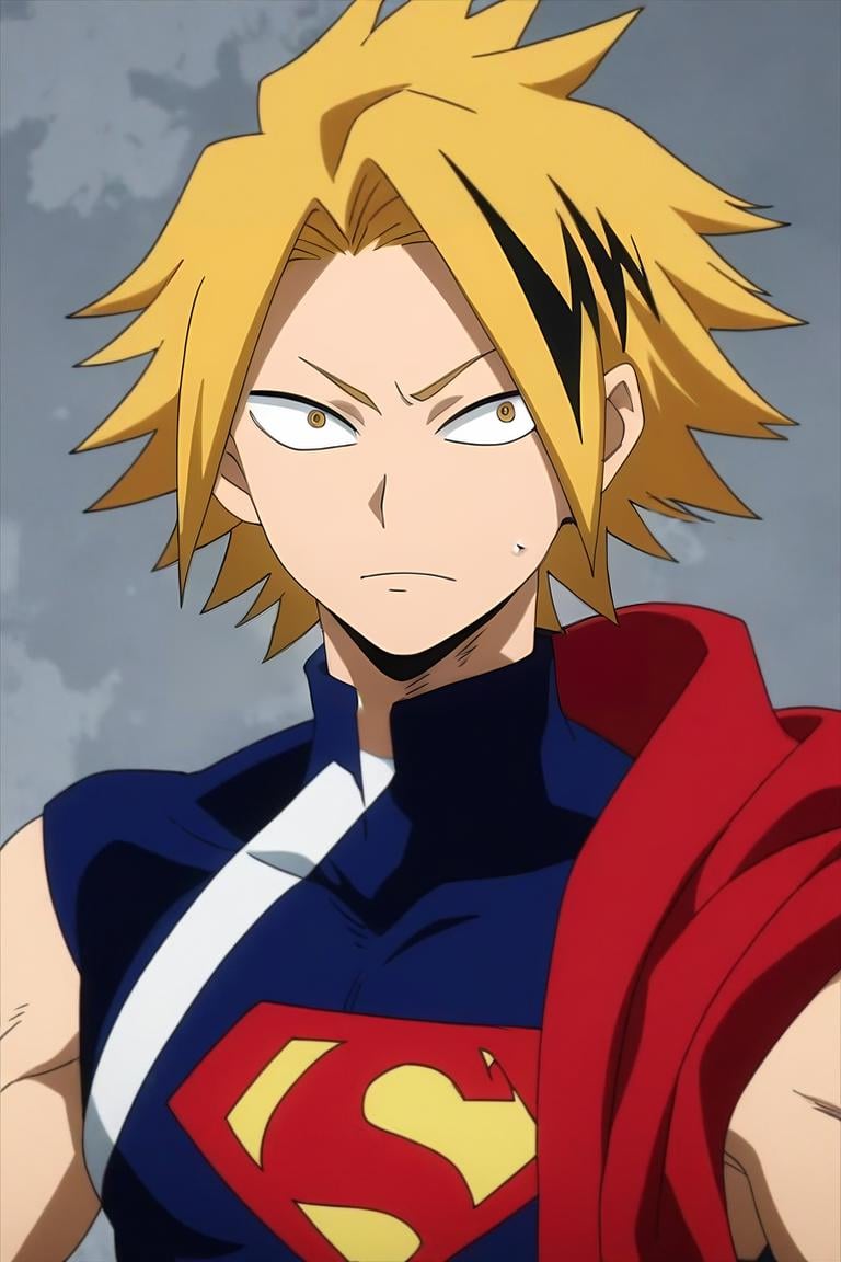 score_9, score_8_up, score_7_up, source_anime, anime screencap, anime coloring, , , upper body, , 1boy, solo, male focus, <lora:denki_kaminari_pony:0.76>, denki_kaminari, blonde hair, yellow eyes, multicolored hair, black hair, two-tone hair, streaked hair, short hair, spiked hair, superman costume, fairytale, , <lora:sdxl_lightning_8step_lora:1>