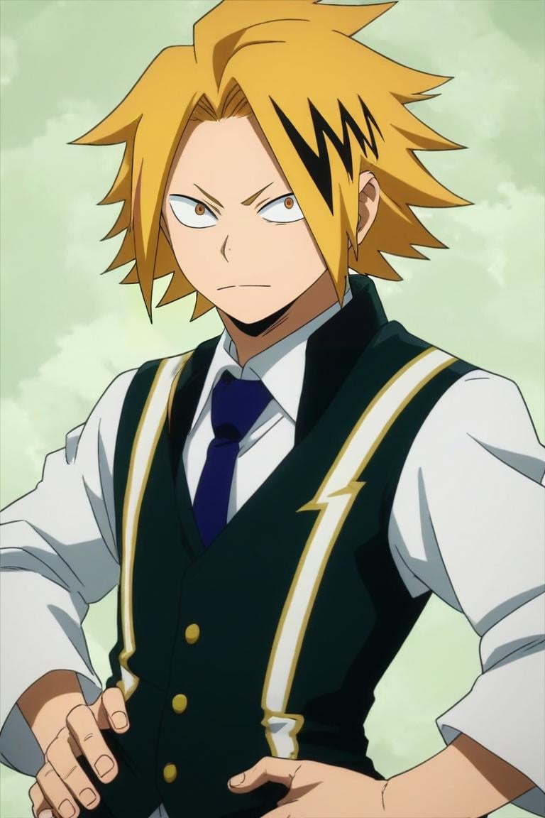 score_9, score_8_up, score_7_up, source_anime, (realistic:0.6), looking at viewer, upper body, , 1boy, solo, male focus, <lora:denki_kaminari_pony:0.96>, denki_kaminari, , suit vest,, fairytale, One hand on hip, displaying attitude, <lora:sdxl_lightning_8step_lora:1>