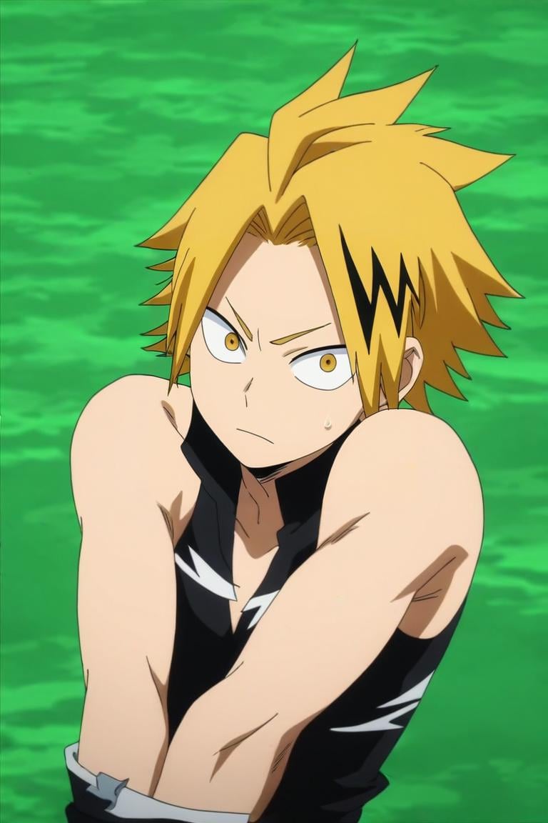 score_9, score_8_up, score_7_up, source_anime, anime screencap, anime coloring, , , , , 1boy, solo, male focus, <lora:denki_kaminari_pony:0.78>, denki_kaminari, blonde hair, yellow eyes, multicolored hair, black hair, two-tone hair, streaked hair, short hair, spiked hair, , pond, Arms wrapped around oneself, indicating self-comfort, <lora:sdxl_lightning_8step_lora:1>