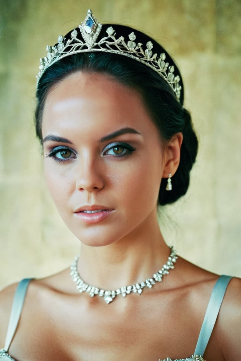 a young ohwx woman, Skin texture,High quality portrait photo, analog, film grain, actress dressed as a medieval queen with a delicate diamond tiara,regal