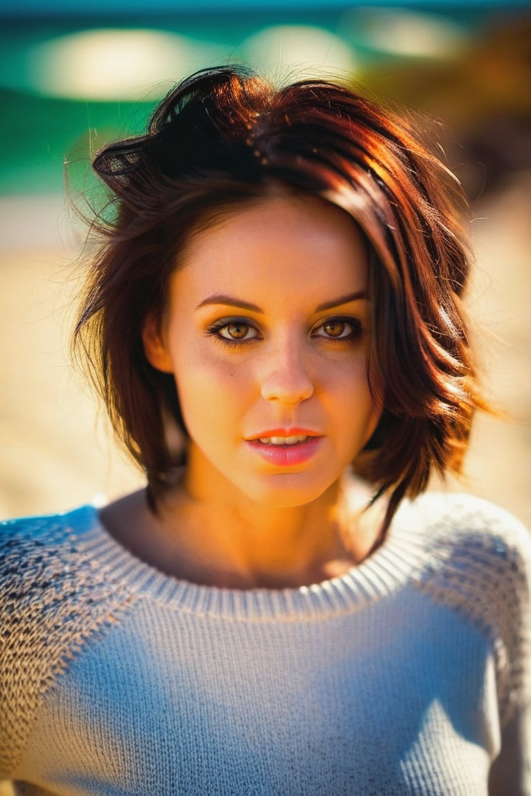 portrait photo of ohwx woman, wearing a sweater sunny beach, bokeh effect
