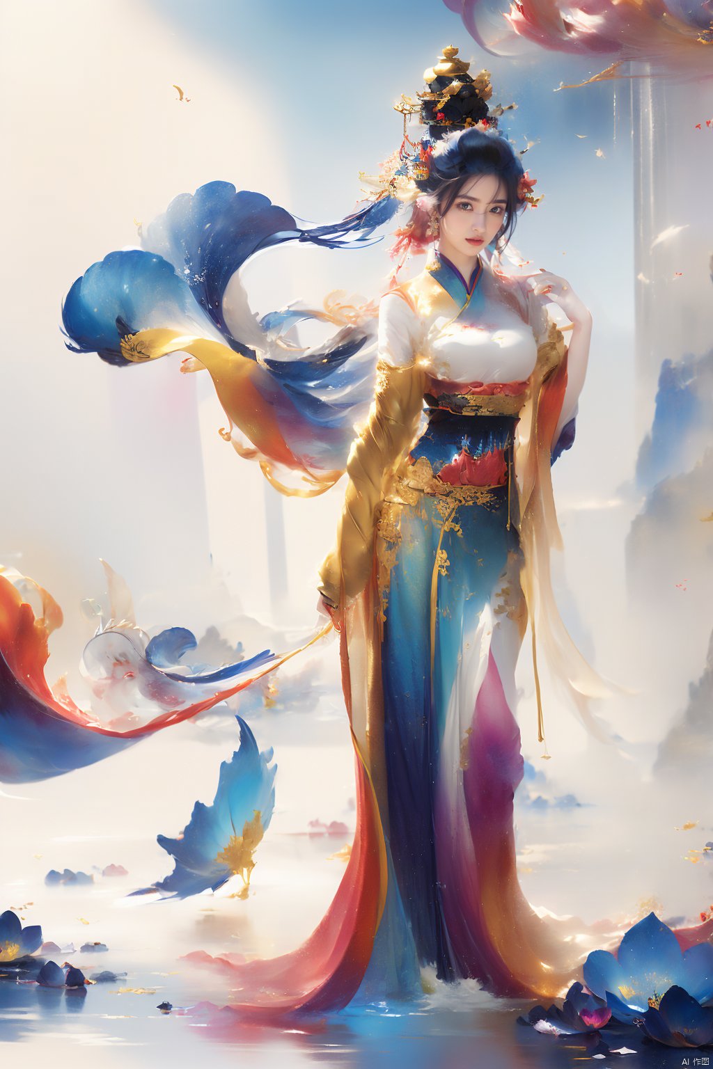  fantasy, flowing gold robes, (Colorful, colorful hair), long hair, fantasy art style,Inscattering_Chinese style, lotus leaf, 1girl, 1 girl,  painting