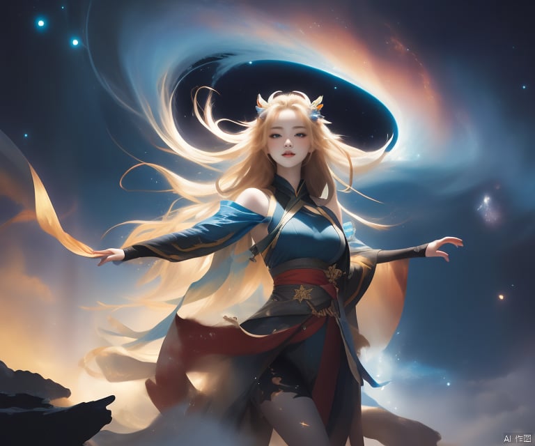 1girl, solo, long hair, , illustration, (masterpiece, best quality:1.2), gchf,guoflinke, illust, illustration,,gufeng,fushi, bpwc,Dance,shuimo,山水, illustration, painting, Nebula