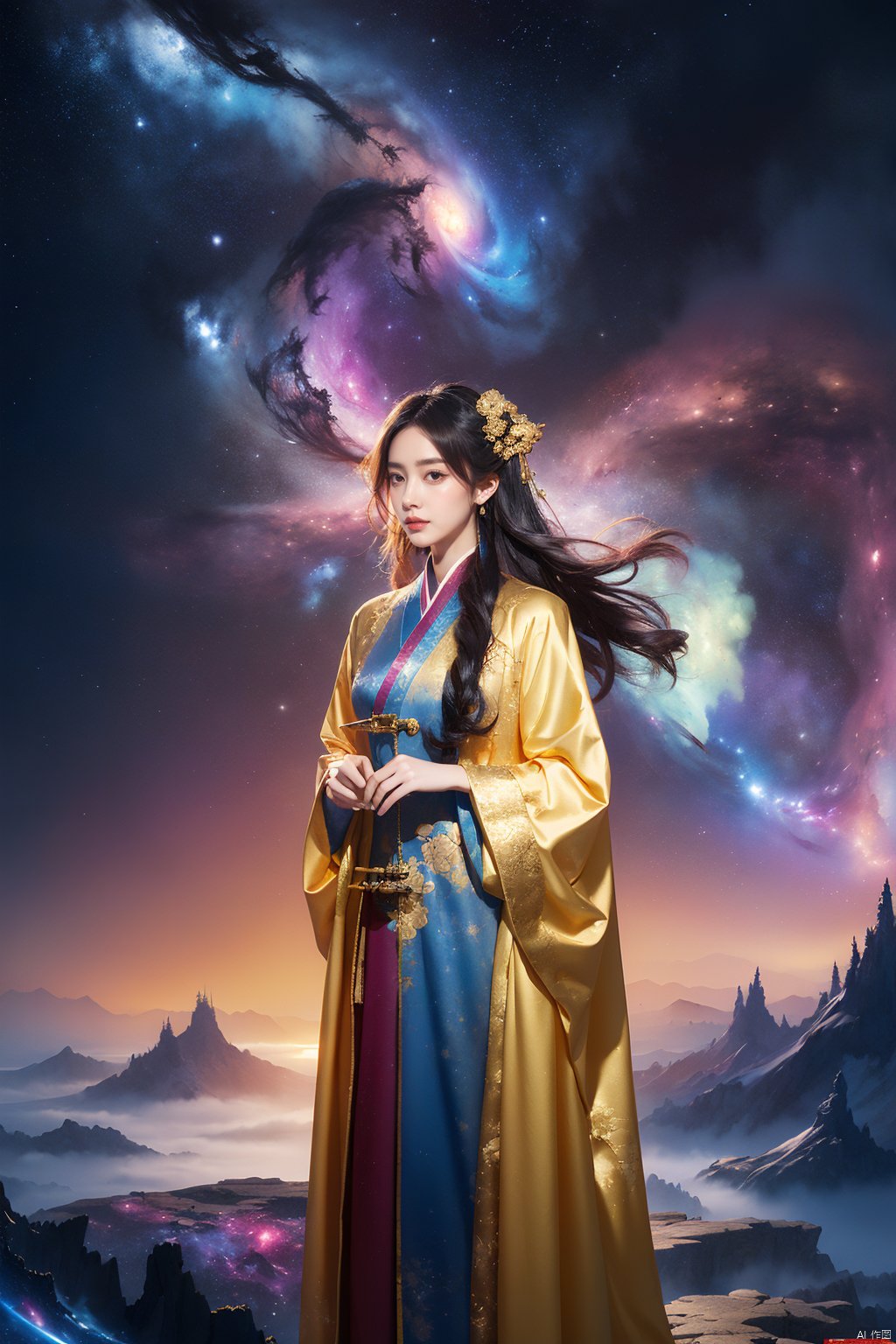  fantasy, flowing gold robes, (Colorful, colorful hair), long hair, fantasy art style,Inscattering_Chinese style,  1girl, 1 girl, Nebula