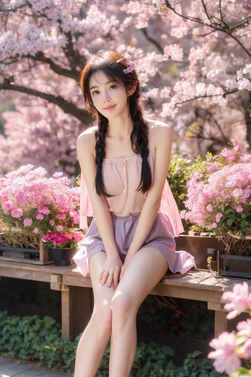  ((masterpiece, best quality)),girl, solo, looking at viewer, blush, smile, 1girl,[sitting under the sakura tree,knee up], (from below,wide shot,mid shot,full body,panorama,depth of field),(looking up),(pink petals,tyndall effect,English text) （（game cg style））,(masterpiece),(best quality),illustration,ultra detailed,hdr,Depth of field,(colorful)nes, purple theme, watercolor \(medium\), mahiro