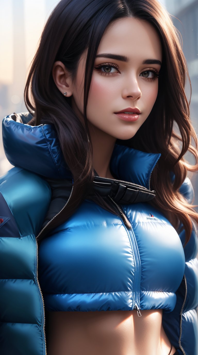 Stunning portrait of an sweet, cute, slim, long haired, young European woman. she is outside, it is a hot summer day. she wear an shiny, colorful, completely enclosureable, (cropped puffer down jacket,by parkasite:1.3), ((very high yoked)). tempting, high detail, realistic, realistic character design, inspiring, intense emotion, masterpiece, 8k, RAW photo, portrait, best quality, ultra high res, photorealistic, cinematic lightning, digital painting, storytelling, high resolution, depth of field, lens flare,