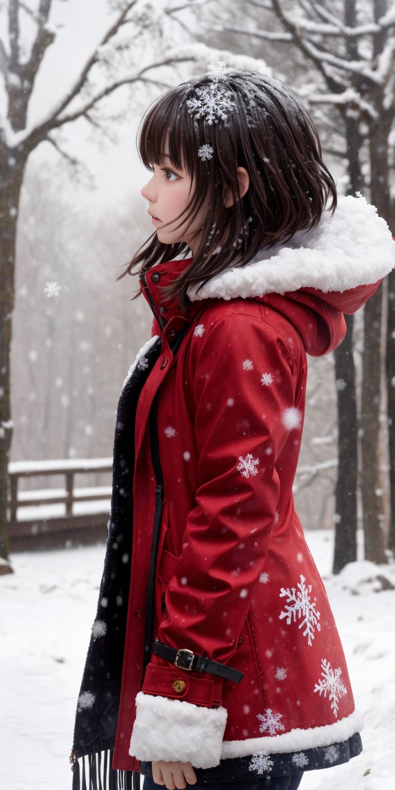 A short-haired girl standing in the snow, Red Coat, head up, breeze blowing hair, snow, snowflakes, depth of field, telephoto lens, messy hair, (close-up) , (sad) , sad and melancholy atmosphere, reference movie love letter, profile, head up, ((floating)) bangs or fringes of hair, eyes focused, half-closed, center frame, bottom to top, ,