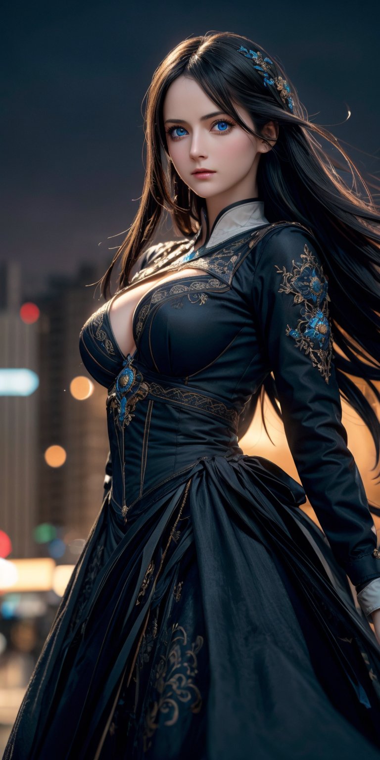 Best quality, masterpiece, ultra high res, (photorealistic:1.37), raw photo, a young and serious woman, long black dark hair in the wind, blue eyes, detailed eyes and face, perfect anatomy. Medium round breast. perfect fingers. work cloths with intricate details, dynamic lighting, in the dark, deep shadow, low key, cinematic image,bright city, floting city on the background. 
