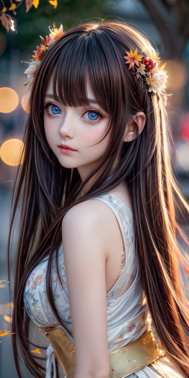  (8k, best quality, masterpiece:1.2),(best quality:1.0), (ultra highres:1.0), a beautiful loli,    by agnes cecile, from head to waist, extremely luminous bright design,autumn lights, long hair,  big eyes, amazing eyes, details eyes, long legs, front hair, 
