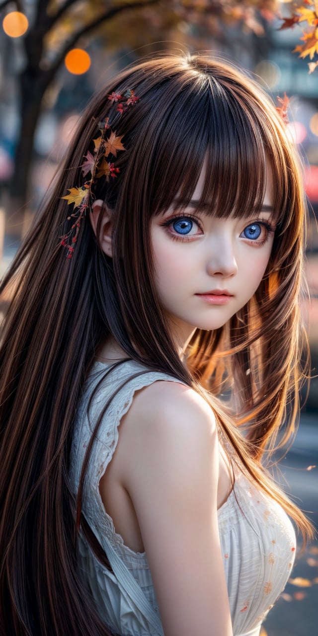  (8k, best quality, masterpiece:1.2),(best quality:1.0), (ultra highres:1.0), a beautiful loli,    by agnes cecile, from head to waist, extremely luminous bright design,autumn lights, long hair,  big eyes, amazing eyes, details eyes,
