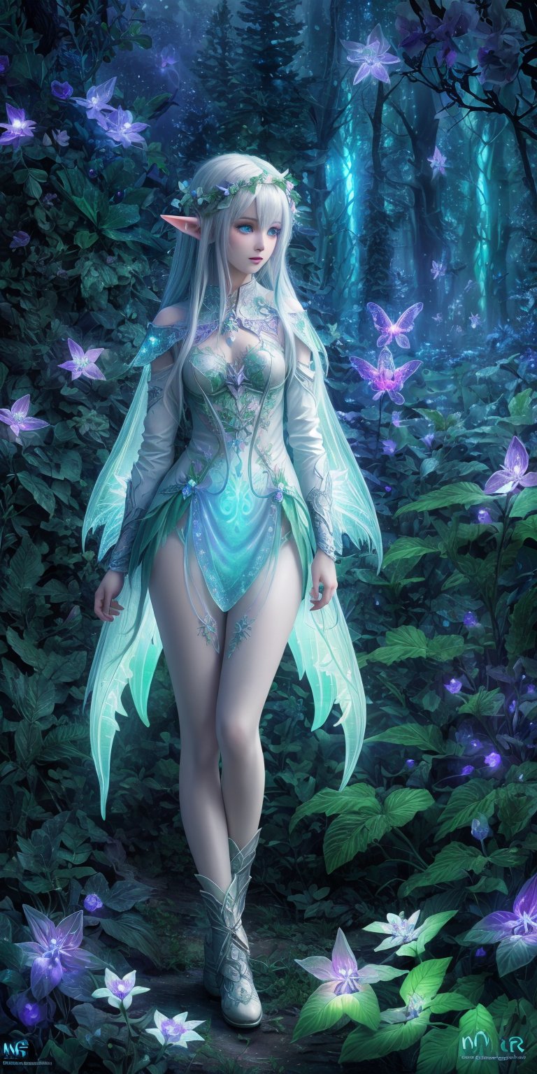 HDR, Ultra detailed illustration of a elf in a magical world full of wonders forest, unique luminous flora, highly detailed, pastel colors, digital art, art by Mschiffer, night, dark, grey bioluminescence, (darkness background:1.2), 1girl, white skin, pale skin,

