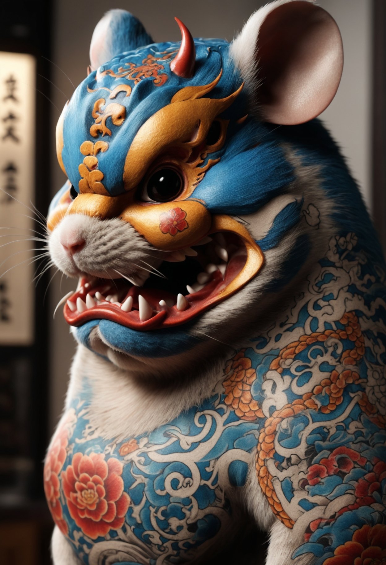 (masterpiece, best quality,detailed light),   DonMH4ny4XL, hamster, tattoos with hannya and dragon  (highres, 4k, 8k, intricate detail, cinematic lighting, amazing quality, amazing shading, soft lighting, Detailed Illustration, wallpaper)   <lora:myLoraXL_test\DonMH4ny4XL-000008:0.8>,