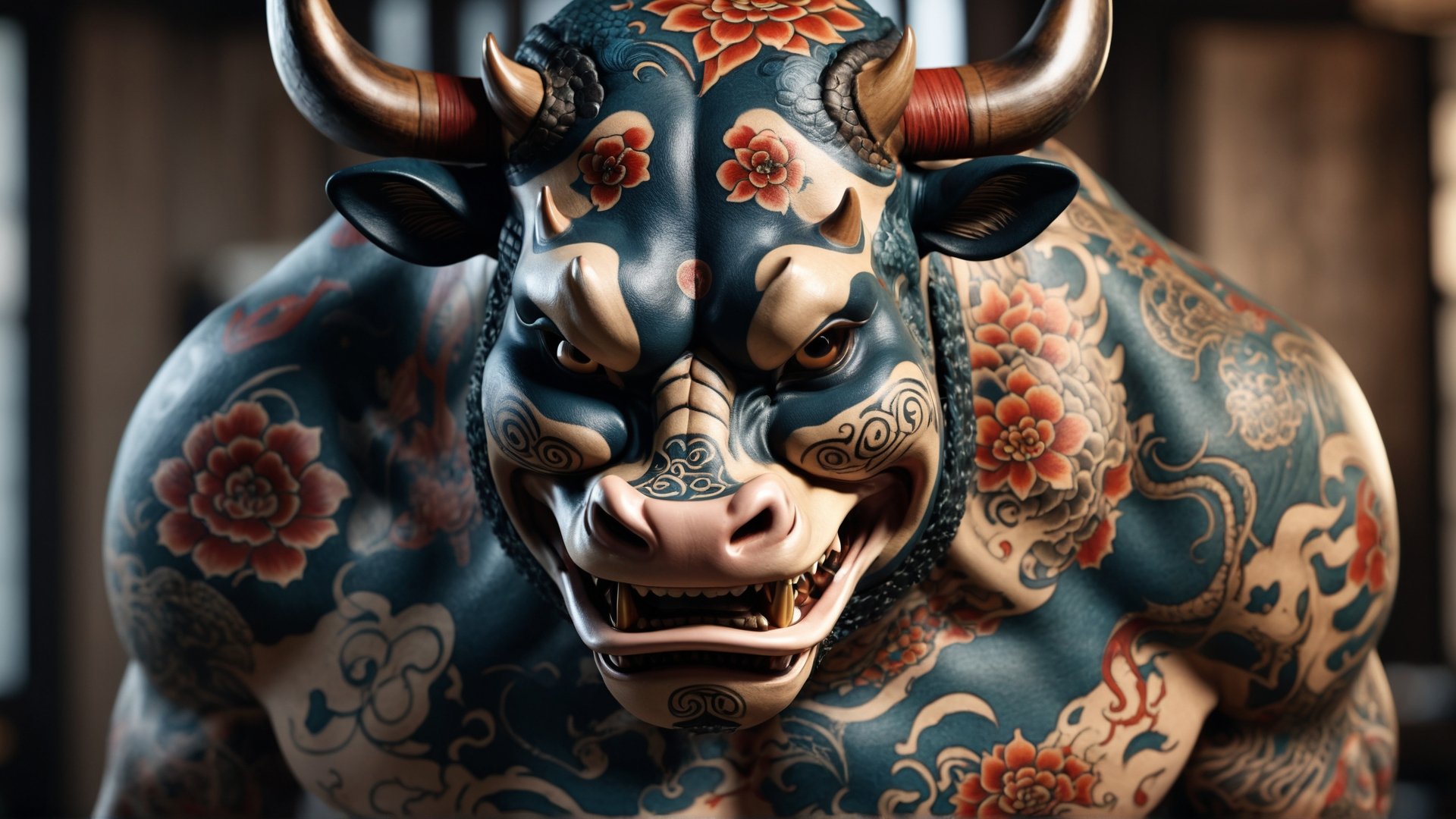 DonMP41n717Bl4ckXL DonMD347hM374lXL (masterpiece, best quality,detailed light),   DonMH4ny4XL, cow, yakuza tattoos with dragons and hannya masks,  (highres, 4k, 8k, intricate detail, cinematic lighting, amazing quality, amazing shading, soft lighting, Detailed Illustration, wallpaper)   <lora:myLoraXL_test\DonMH4ny4XL-000008>,