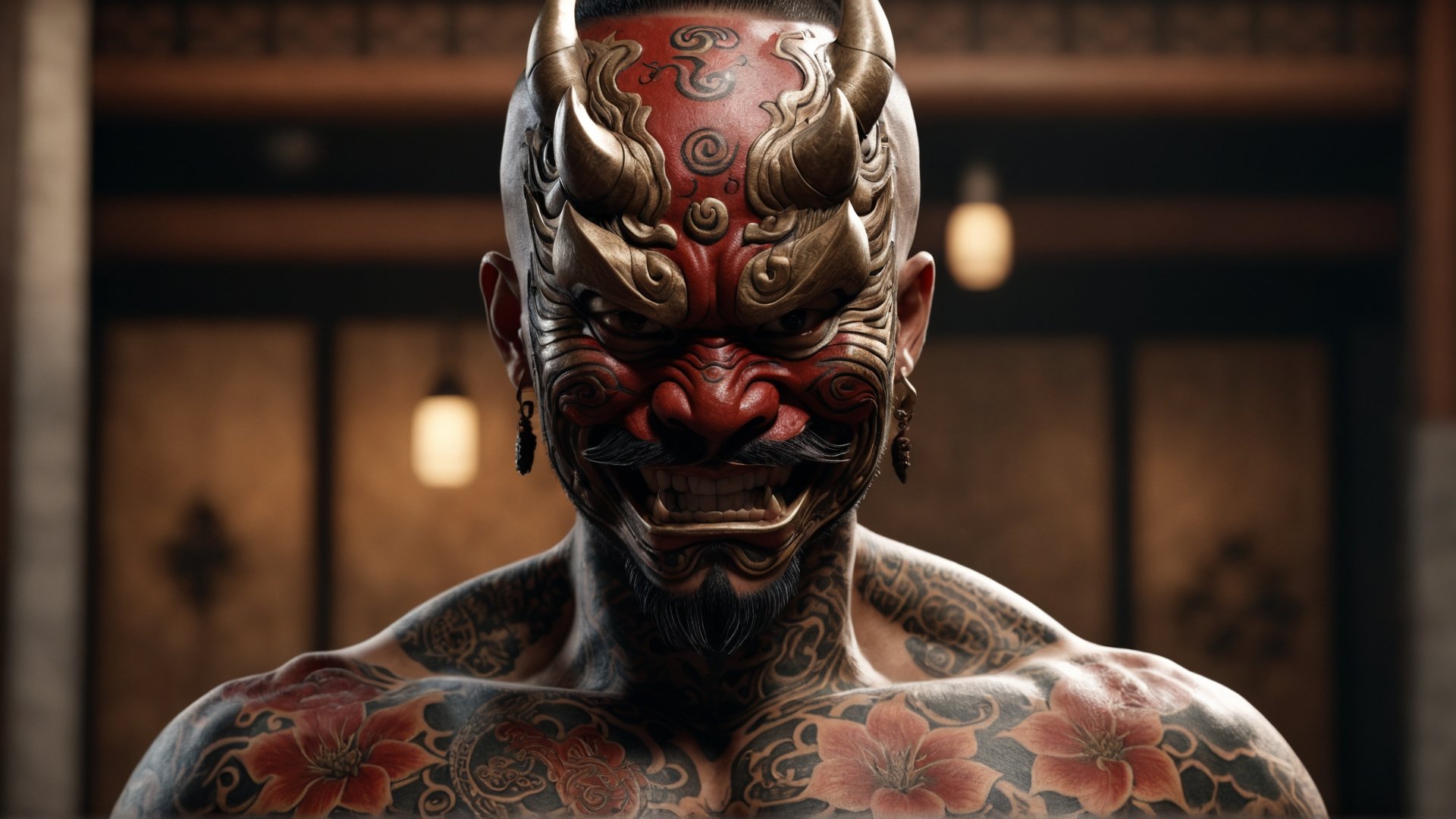 (masterpiece, best quality,detailed light, realistic),   DonMH4ny4XL, man,eighteen broad-shouldered, european, dark brown eyes,   petite goatee , ruby red short crop hair, surprise, tattoos with dragons and hannya masks,  (highres, 4k, 8k, intricate detail, cinematic lighting, amazing quality, amazing shading, soft lighting, Detailed Illustration, wallpaper)   <lora:myLoraXL_test\DonMH4ny4XL-000008:0.8>, ,