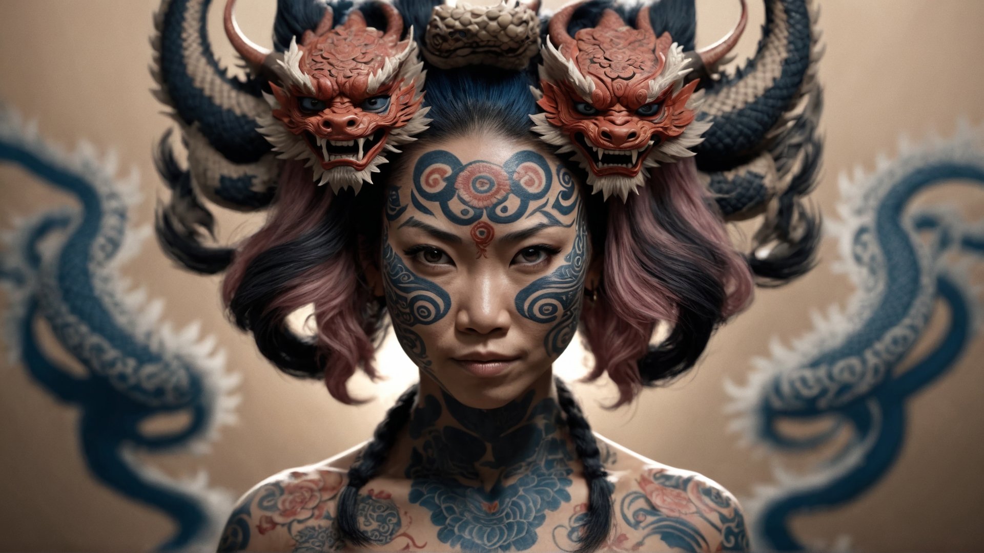 (masterpiece, best quality,detailed light, realistic),   DonMH4ny4XL, woman,midlife, lithe, indigenous peoples of the america, deep blue eyes, large ears,  , pink boho waves hair, relief, yakuza tattoos with dragons and hannya masks,  (highres, 4k, 8k, intricate detail, cinematic lighting, amazing quality, amazing shading, soft lighting, Detailed Illustration, wallpaper)   <lora:myLoraXL_test\DonMH4ny4XL-000008:0.8>, ,