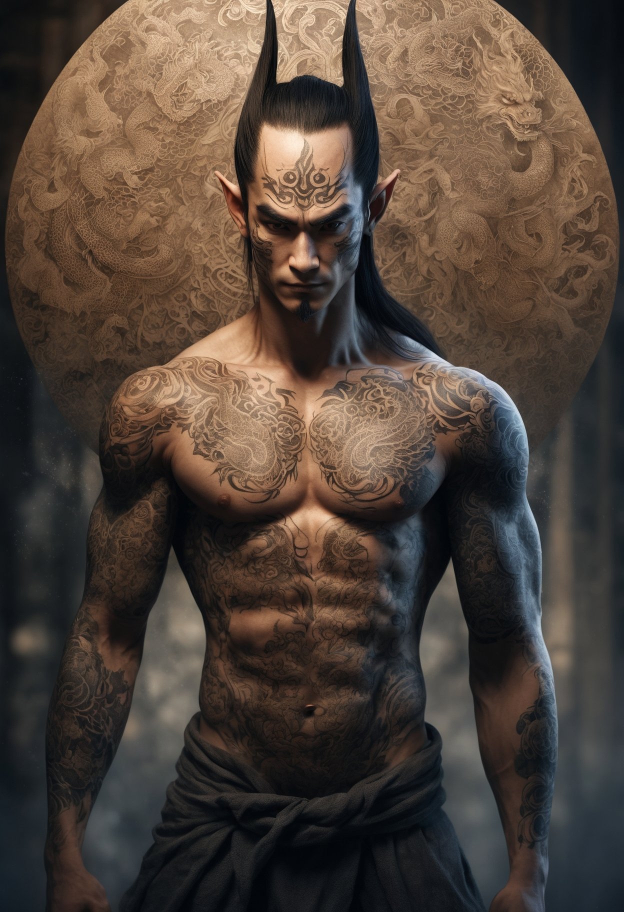 (masterpiece, best quality,detailed light),   DonMH4ny4XL,  male  elf, graceful and long-lived being, 6 to 7 feet tall, beautiful,elegant, youthful appearance, graceful, ethereal, magical, fantasy, spellbound , tattoos with hannya and dragon  (highres, 4k, 8k, intricate detail, cinematic lighting, amazing quality, amazing shading, soft lighting, Detailed Illustration, wallpaper)   <lora:myLoraXL_test\DonMH4ny4XL-000008:0.8>,