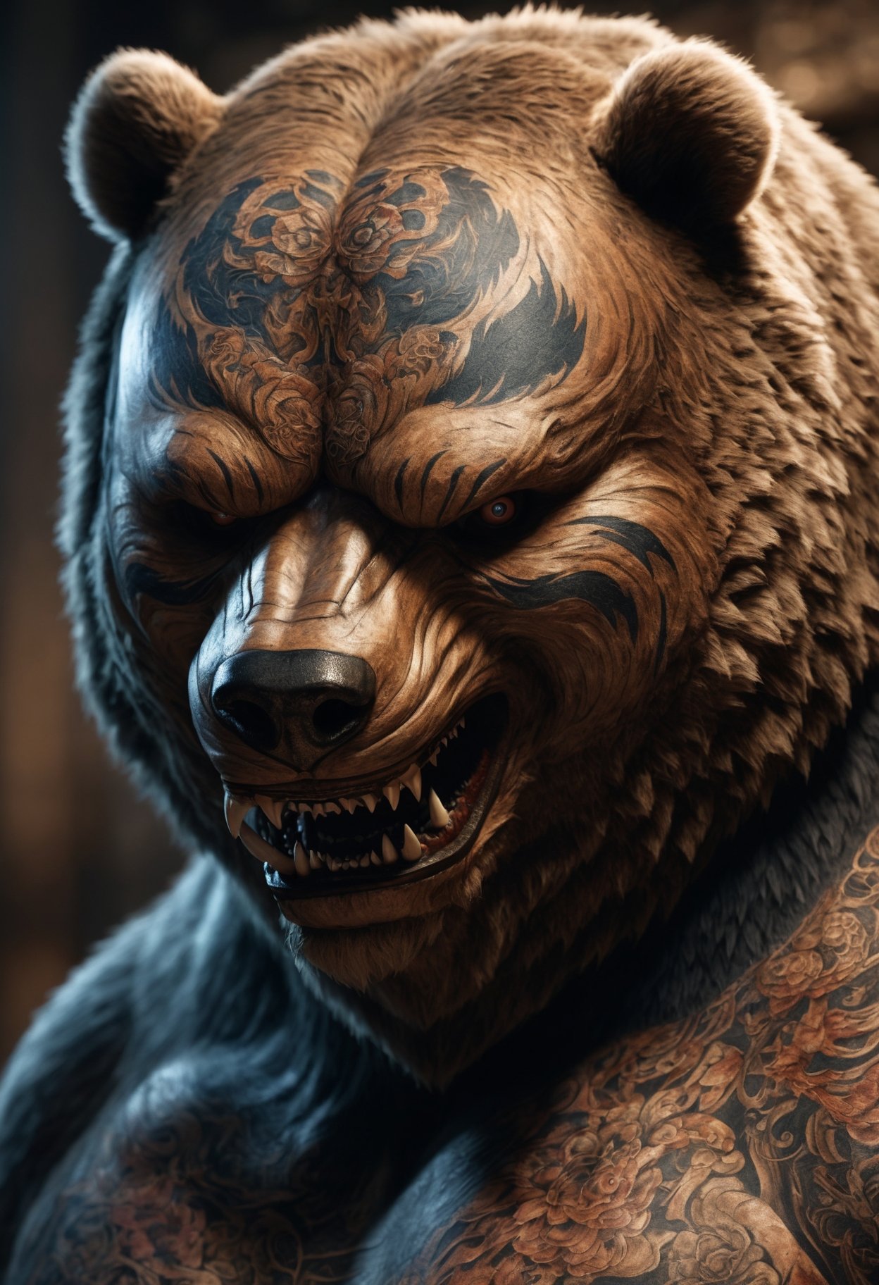 (masterpiece, best quality,detailed light),   DonMH4ny4XL, grizzly bear, hannya mask tattoos,  (highres, 4k, 8k, intricate detail, cinematic lighting, amazing quality, amazing shading, soft lighting, Detailed Illustration, wallpaper)   <lora:myLoraXL_test\DonMH4ny4XL-000008:0.8>,