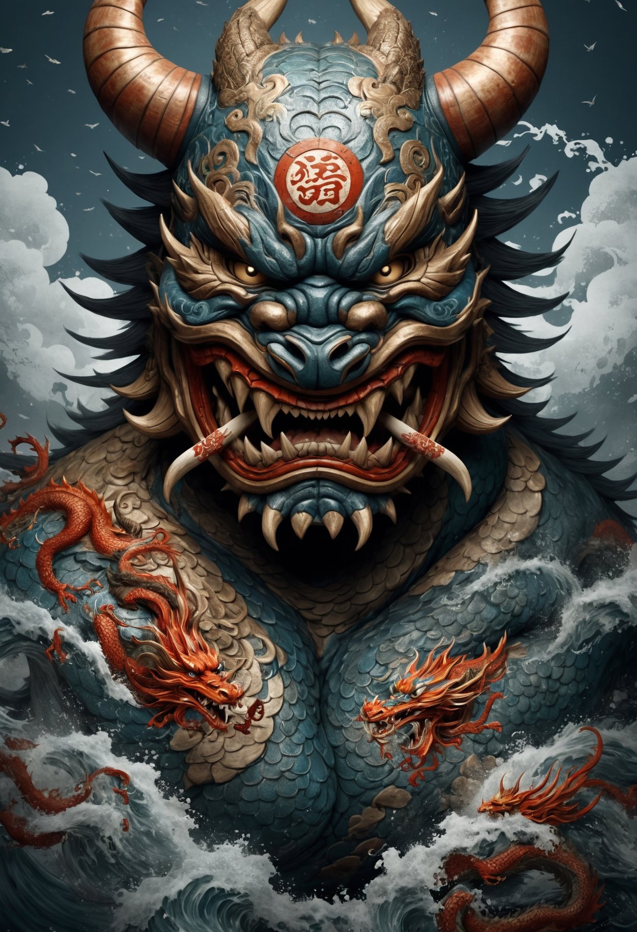 DonMP41n717Bl4ckXL DonMD347hM374lXL (masterpiece, best quality,detailed light),   DonMH4ny4XL,  marsh, tide, illustrated with dragons and hannya masks,  (highres, 4k, 8k, intricate detail, cinematic lighting, amazing quality, amazing shading, soft lighting, Detailed Illustration, wallpaper)   <lora:myLoraXL_test\DonMH4ny4XL-000008:0.8>, ,