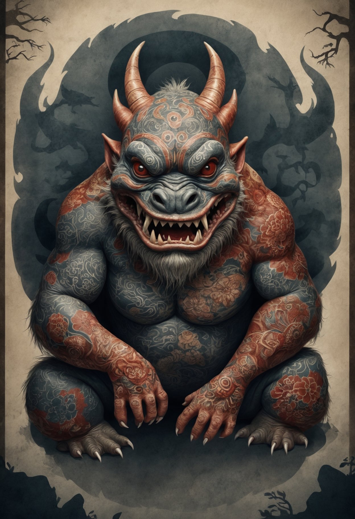 (masterpiece, best quality,detailed light),   DonMH4ny4XL,  qilin, Small squat hairy amphibian creature from Australian Aboriginal mythology,  red-skinned with a very large head and wide mouth, draining blood, suckers on its fingers and toes, depicted with suckers on its fingers and toes, used to drain blood from its victims, comical eerie demeanor, fig tree, nocturnal creature, lurking in the shadows, danger of the wilderness, ebullient , tattoos with hannya and dragon  (highres, 4k, 8k, intricate detail, cinematic lighting, amazing quality, amazing shading, soft lighting, Detailed Illustration, wallpaper)   <lora:myLoraXL_test\DonMH4ny4XL-000008:0.8>,