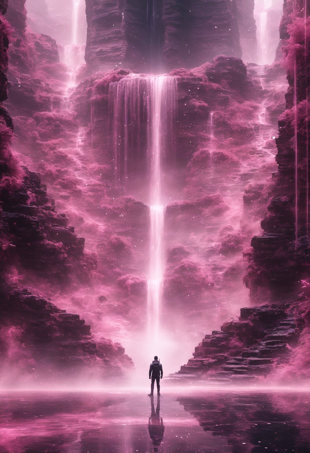 (masterpiece, best quality),  DonM51ckXL  male technomancer, technology manipulation, neo-noir  ( beige holographic waterfalls beguiling  chiseled  futuristic hieroglyph pattern  quantum entanglement  gaseous  terrazzo flooring magic:1.0), pink misty fog,  (highres, 4k, 8k, Illustration, wallpaper)  <lora:myLoraXL_test\DonM51ckXL-000008>