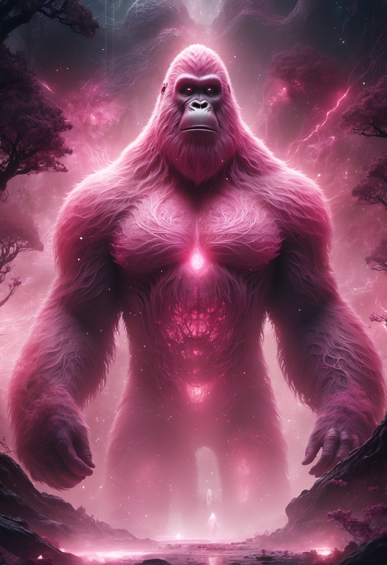 (masterpiece, best quality),  DonM51ckXL  bigfoot, ethereal translucent appearance, faint ghostly glow,human face,ghost like characteristics, partially visible, transparent form, unfinished journey to the afterlife, benevolent, caught between the physical and spiritual realms , pink, scifi,  (highres, 4k, 8k, intricate detail, amazing quality, Detailed Illustration, wallpaper)  <lora:myLoraXL_test\DonM51ckXL-000008>