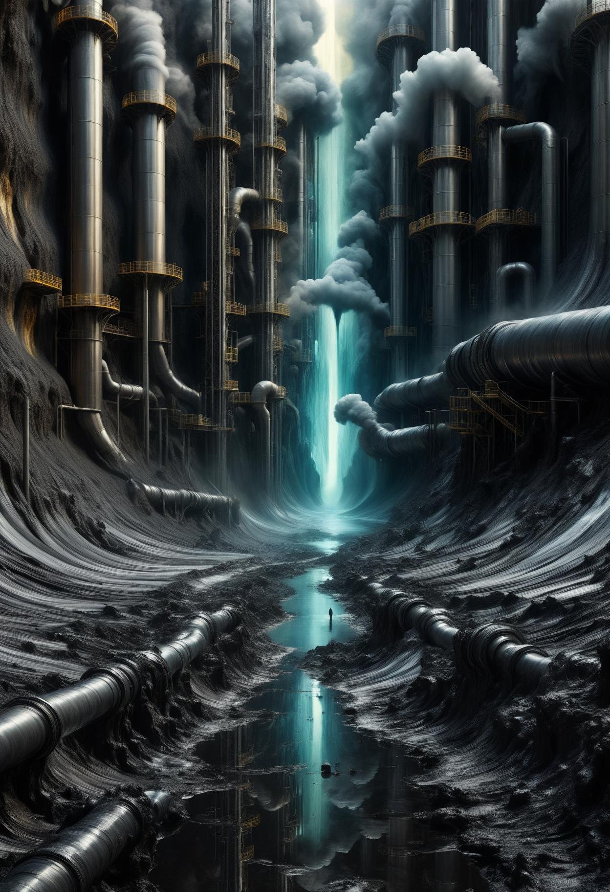 DonMP41n717Bl4ckXL  hyper detailed masterpiece, dynamic realistic digital art, awesome quality,crystal manipulation haven,rippled geothermal plant,venusian atmosphere split screen space shadows,time paradoxes, petrochemical,deadly <lora:DonMP41n717Bl4ckXL-000008:1>