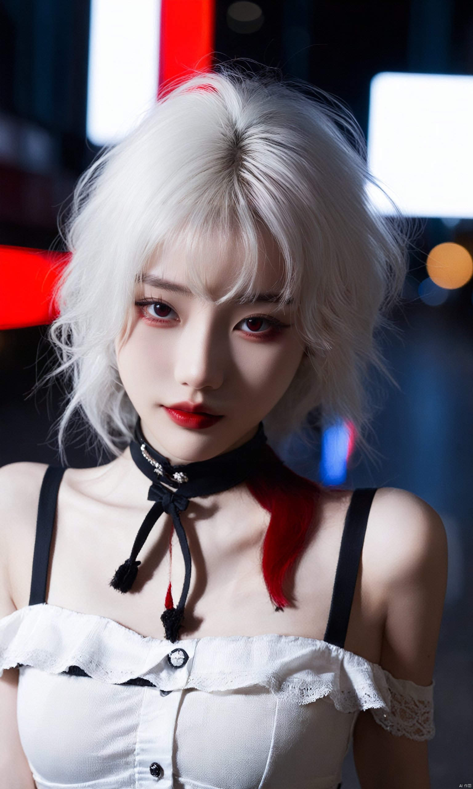  white hair,red eyes,cityscape,cute 1girl,lip biting,seductive leaning forward,detailed face,realistic,photorealistic,(studio light:1.2),evil smile,choker,Deep photo,depth of field,shadows,messy hair,seductive silhouette play,dark,nighttime,dark photo,grainy,dimly lit,shot on RED camera,harsh camera flash ((eyes closed)),bangs,hime cut,fashion model,full body, hubg_beauty_girl