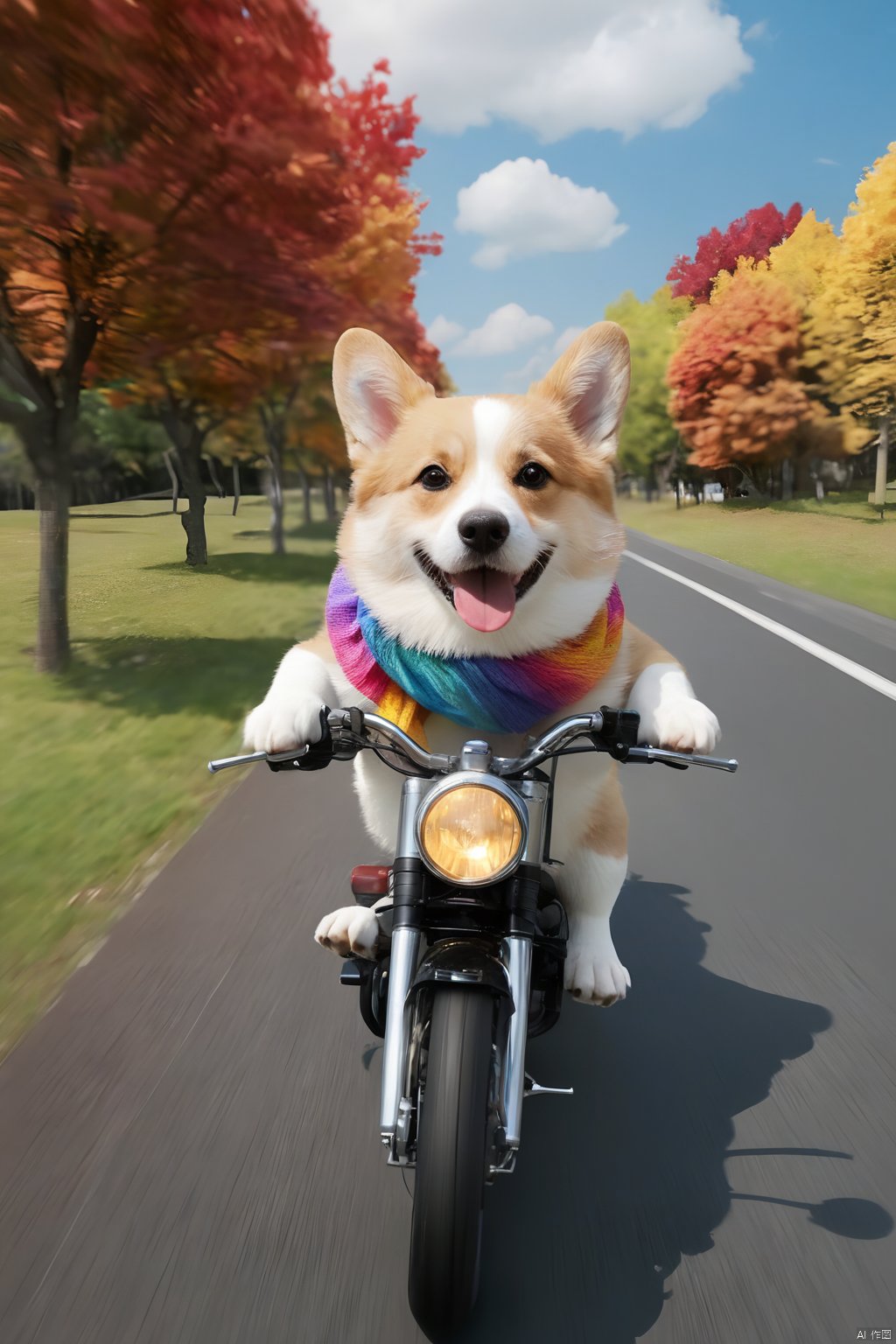  very beautiful,high quality,(a dog riding a motorcycle:1.1),corgi,dog,solo,(motor vehicle:1.2),riding,scarf,running on the rainbow,tree,extreme perspective,looking up at the camera,rainbow,furry,3d style,C4D,blender,kawaii,water spray,speed,bifrost,(masterpiece:1.2), best quality,PIXIV,humorous,beautiful colorful background,