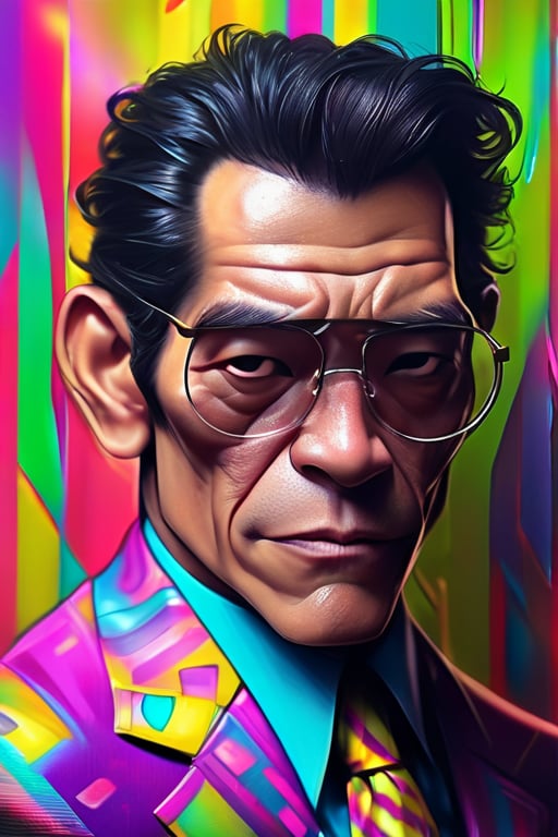 a photograph of , a close up of a 60 years indonesia man in a suit , a digital painting inspired by rodel gonzalez, featured on cgsociety, funk art, wearing a colorful men's suit,,wong-iyas,disney pixar style,Anime,Detailedface