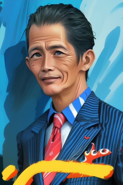 a photograph of , a close up of a 60 years indonesia man in a suit , a digital painting inspired by rodel gonzalez, featured on cgsociety, funk art, wearing a colorful men's suit,,wong-iyas,disney pixar style,Anime