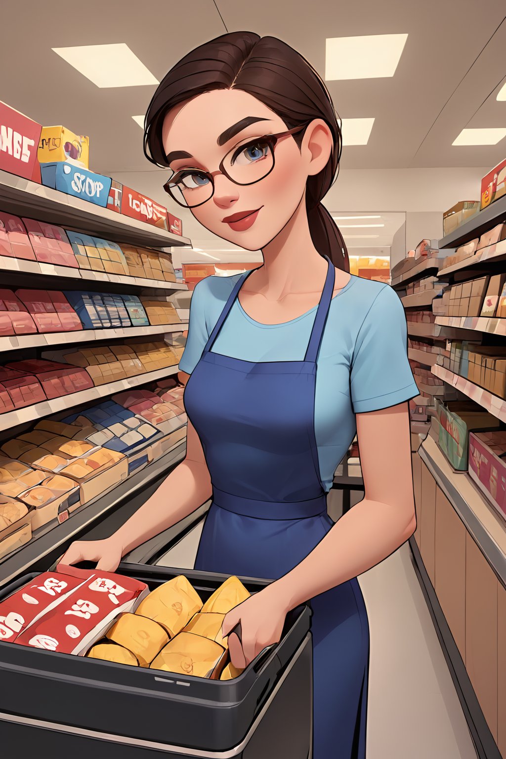 datmom score_9, score_8_up, score_8, 1girl, store cashier with glasses